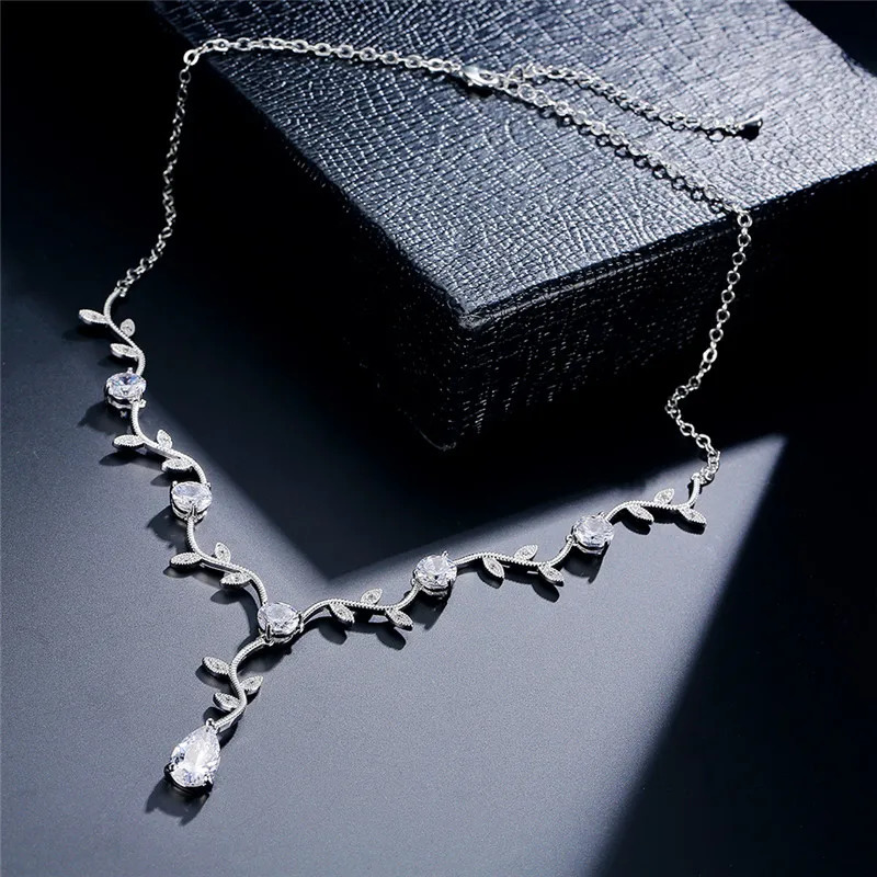 ZAKOL Classic Cubic Zirconia Crystal Bridal Jewelry Sets Elegant Leaf Shape Choker Water Drop Earrings Wedding Dress for Women 250530