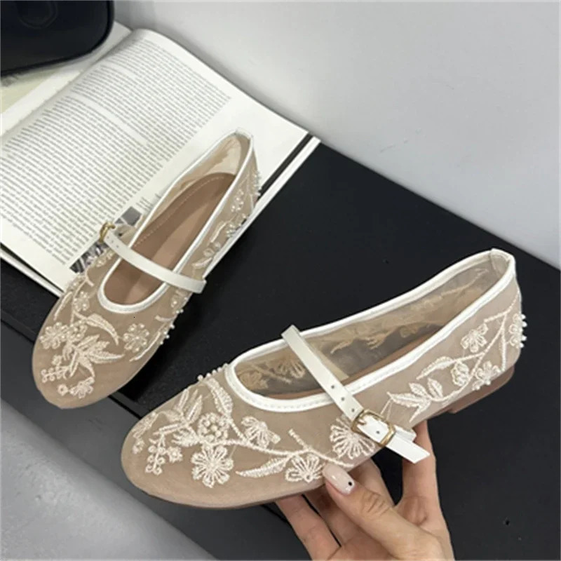 Aneikeh Elegant Ballet Dance Embroidered Flower Mesh Fabric Flat Heels Women Sandals Round Toe Buckle Strap Casual Mule Shoes 250603