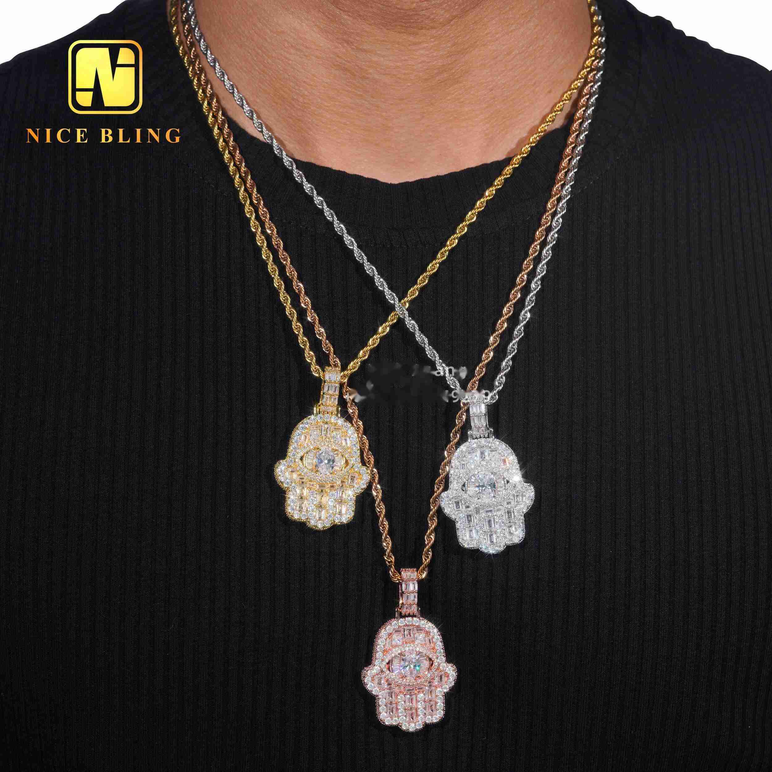 Cheap Price Hamsa Hand Pendant Brass Jewelry Hip Hop Iced Out Emerald Moissanite Diamond Big Eyes Hand Pendant for Men Women