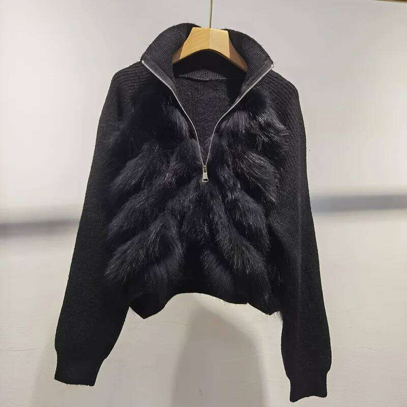 Women Short Knitted Real Fox Long Sleeve Genuine Fur Trimming Pullover Female Jumpers With Zipper
