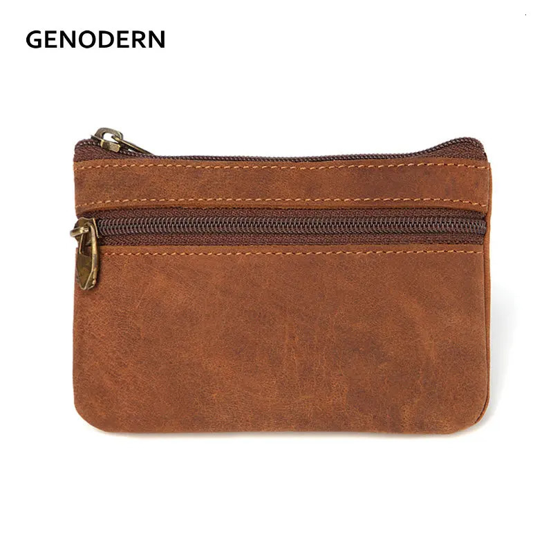 GENODERN Vintage Crazy Horse Leather Mens Coin Purse Genuine Zipper Wallet Retro Key Holder Small Money Bag 250605