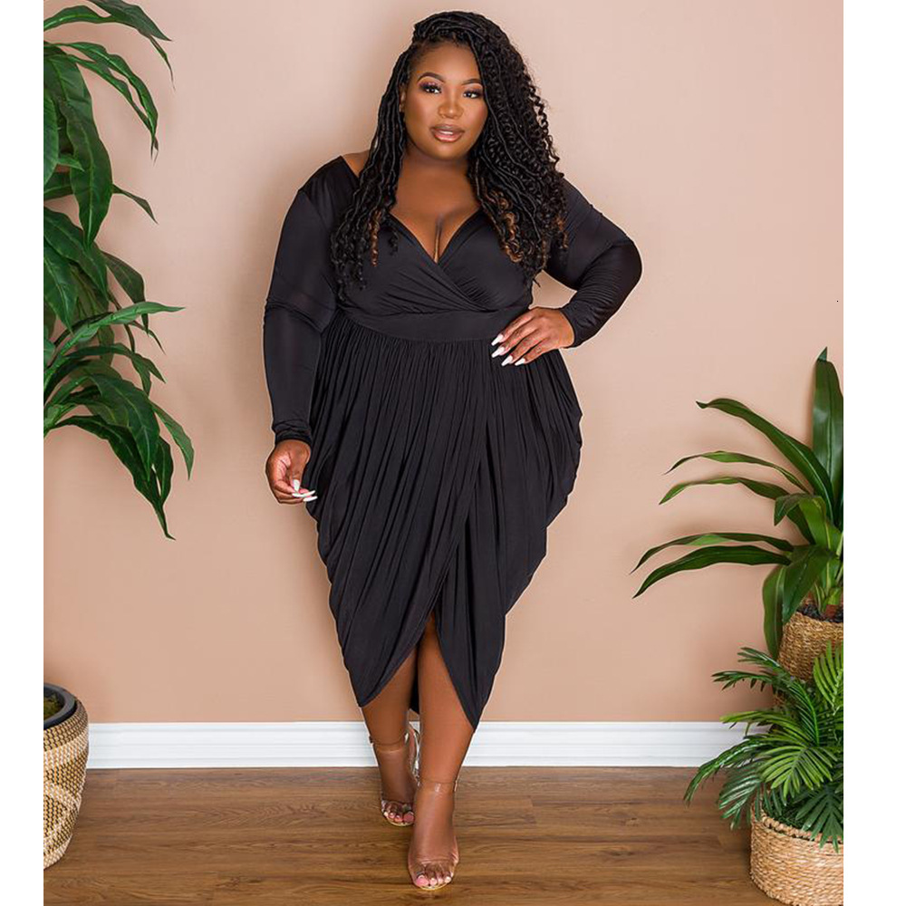 Autumn Womens Fashion Deep v Fashion Pleated Elegant Nightclub Plus Size Dress Long Dress