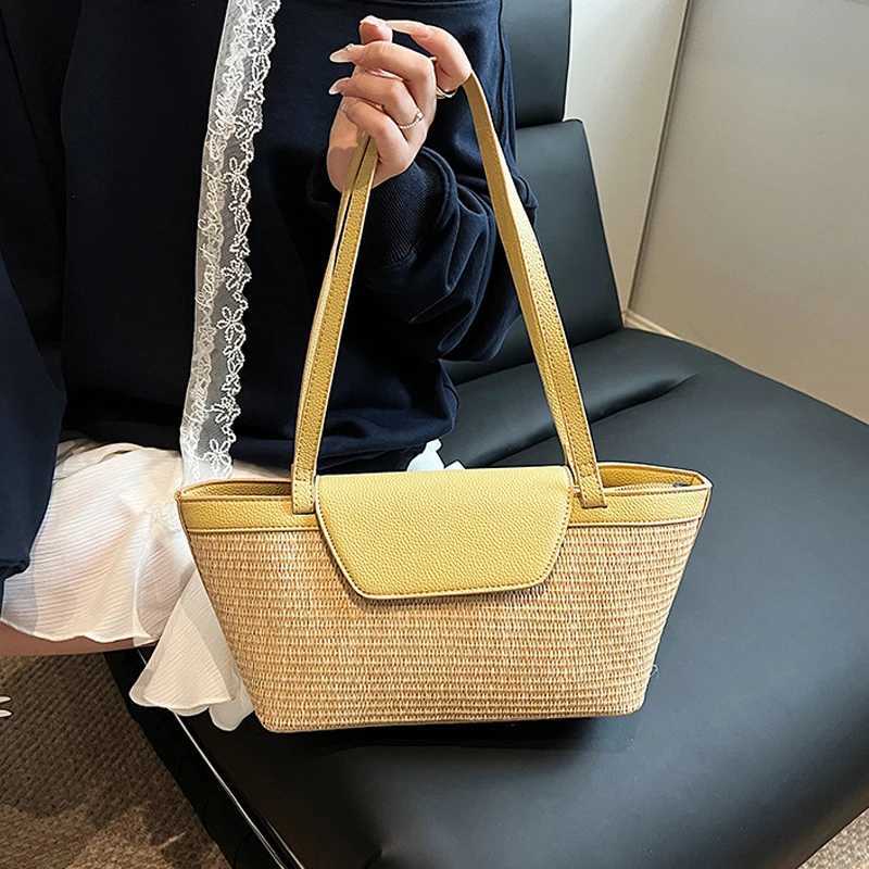 Fi Women Shoulder Bag PU Woven Patchwork Stick Bag Large Capacity Tote Bag New Casual Woven Contrasting Color Handbag XJ250605