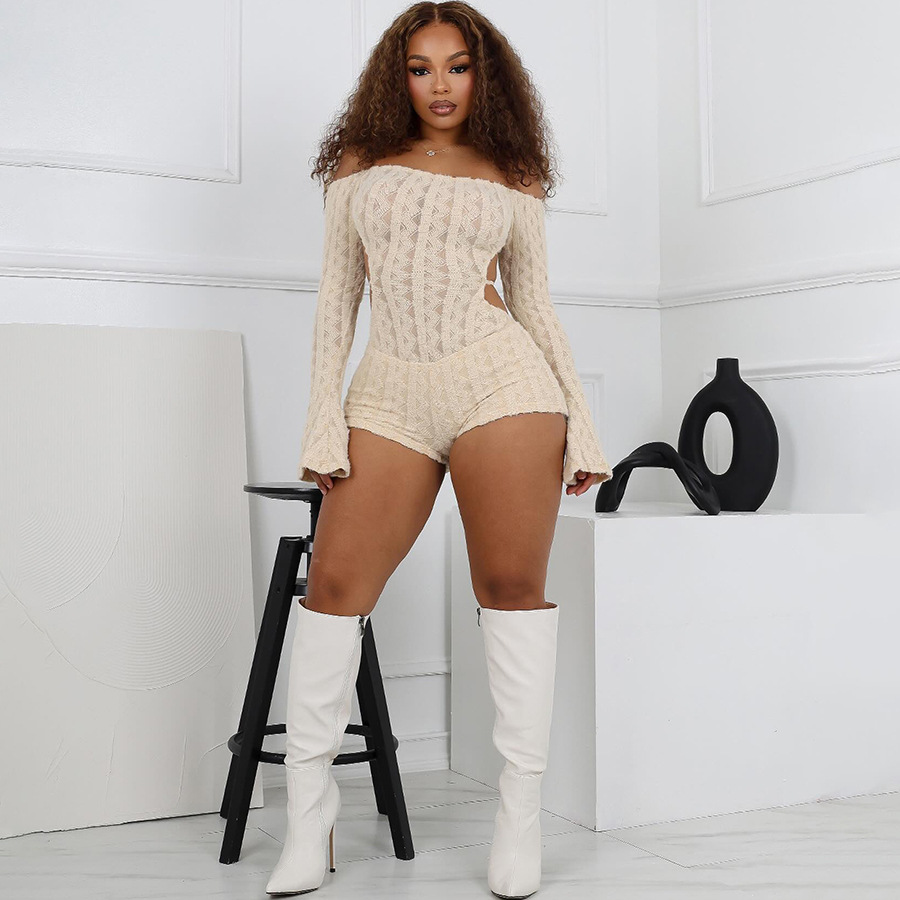 Backless Romper Women Knit Thin Fall Slash Neck Full Sleeve Hipster Playsuit Street Workout Activity Shorts Overalls