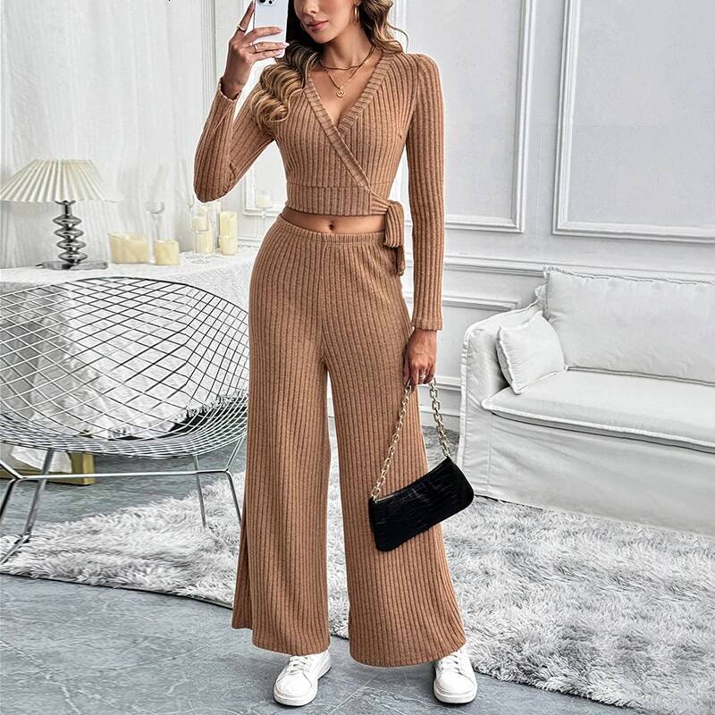 Europe And The United States New Autumn Simple Advanced Pure Color Lace-Up Two-Piece Fabric Casual Comfortable Women's Suit