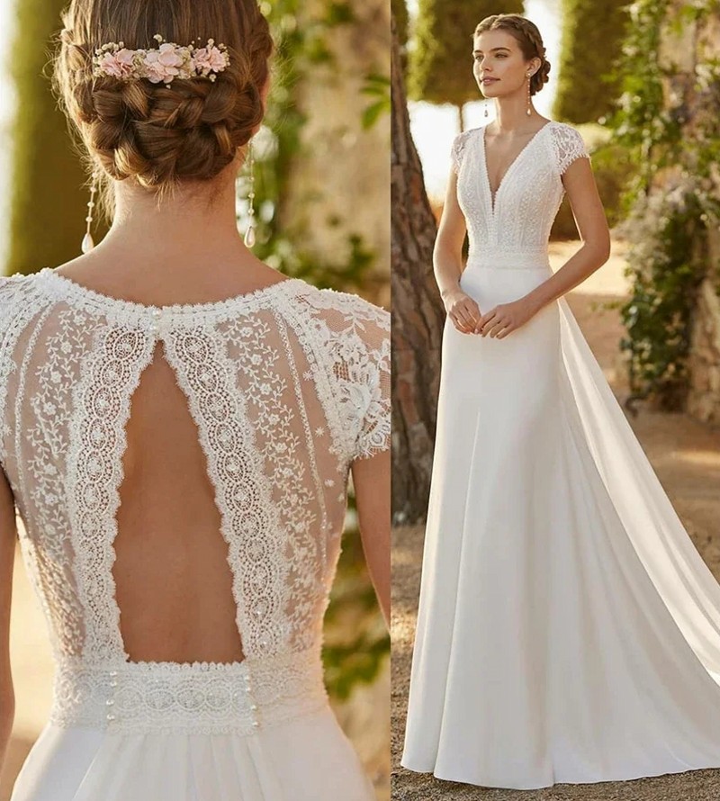 Modern Classic Wedding Dress 2025 For Bride V-Neck Backless A-Line Lace Appliques Chiffon Boho Beach Bridal Gowns Vestidos De Noiva Robe De Mariage