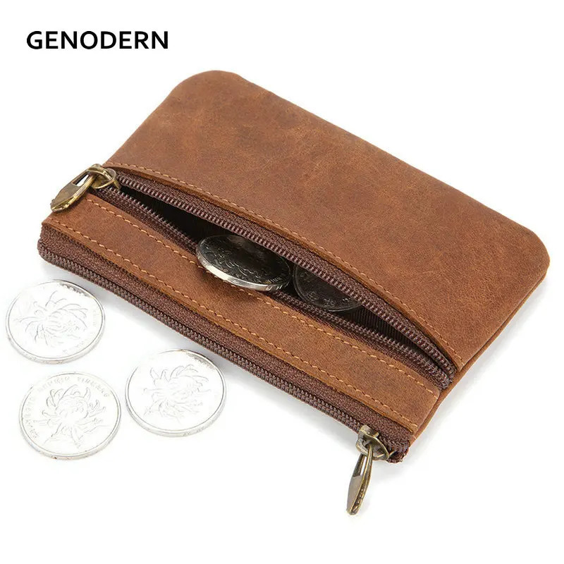 GENODERN Vintage Crazy Horse Leather Mens Coin Purse Genuine Zipper Wallet Retro Key Holder Small Money Bag 250605