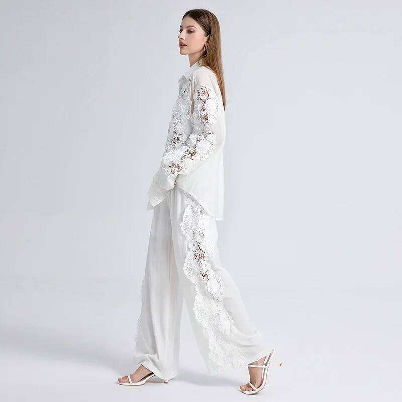 Plus Luxurious Lace Floral Sleeve Shirt High Waist Elasticated Hem Long Pants Set Women's plus Size Casual Fashion ...