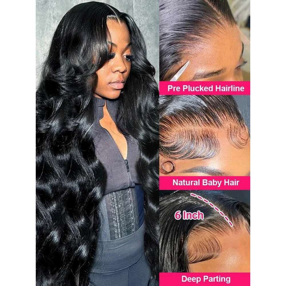 30 40 Inch Black 13x6 HD Front Wig Body Human Hair Wigs Water Wave Lace Frontal Glueless 6X6 Closure Remy 250 Density