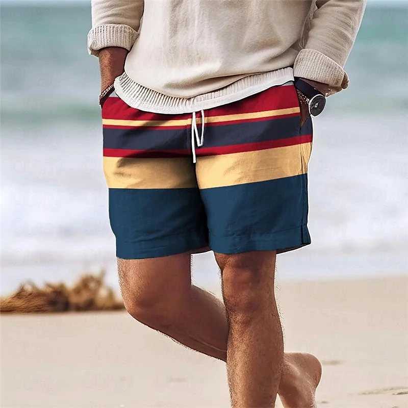 Stripe Colorful 3D Printed Short Pants For Men Clothes Color Splicing Beach Shorts Harajuku Fashion Vacation Hawaiian Bermudas XJ250605