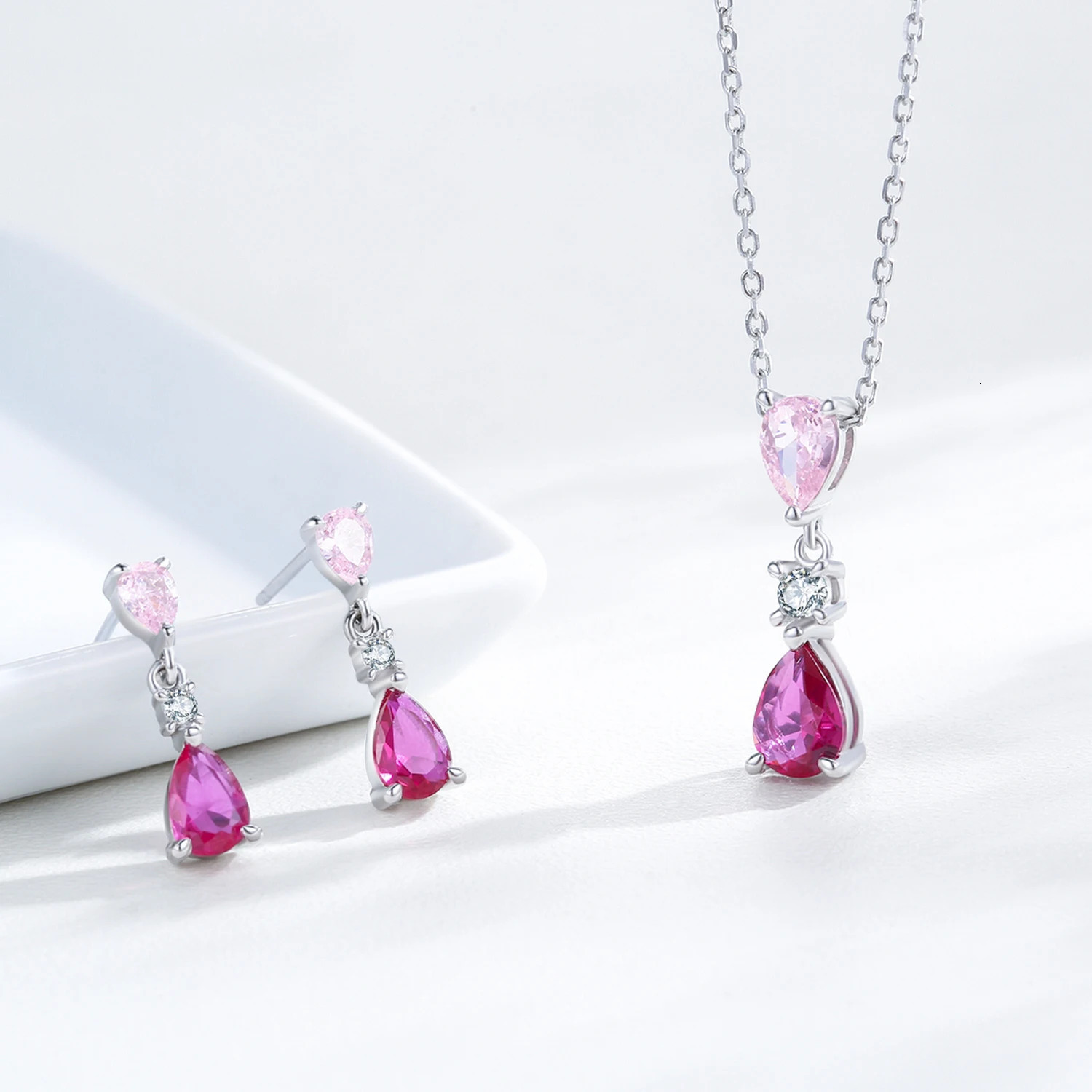 Ailmay 925 Sterling Silver Sweet Pink Water Droplet Zircon Pendant Necklace Earrings Set For Women Romantic Valentines Day gift 250530