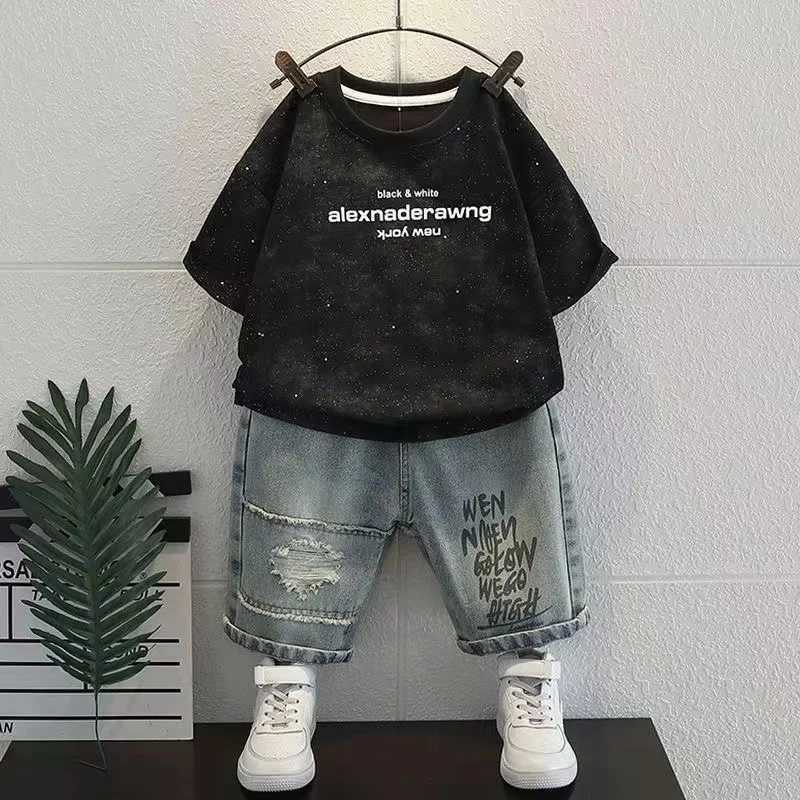 New Summer Boy Clothing New Childrens Clothes Set Boys Short Sleeve T-Shirt+Jeans Shorts 2 Piece Set Kids 1-8T Sportswear Suit R250605
