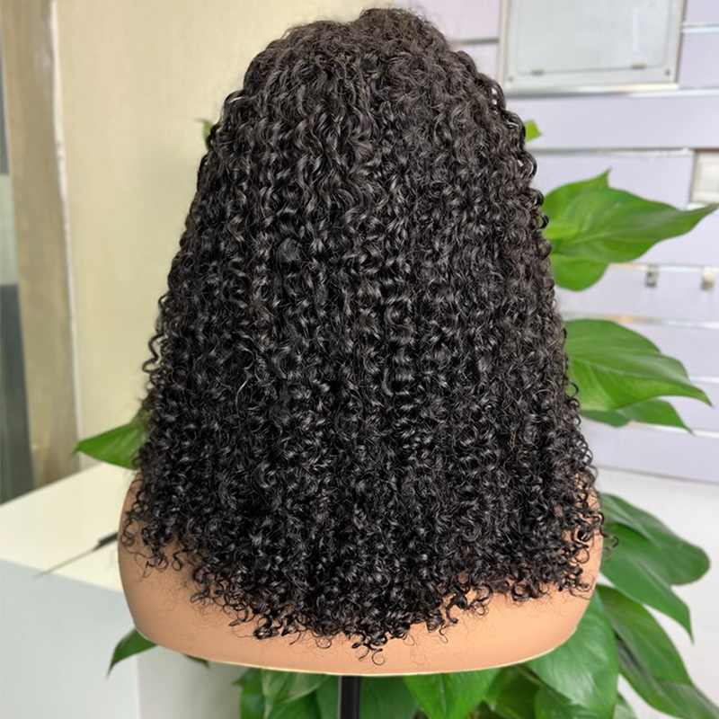 human hair 5x5 pixie cut wavy wig realistic natural black shade with luscious curls