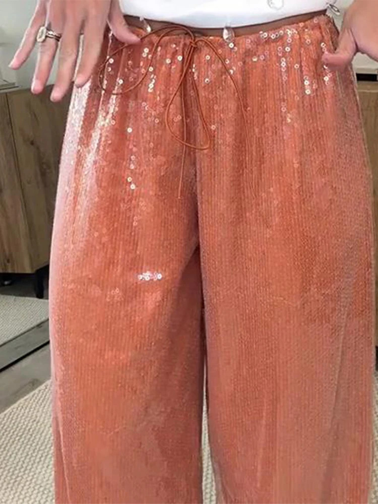 Loose Solid Color Sequin Pants Woman Cinched Waist Glitter Straight Baggy Long Casual Street Chic Sparkle Womens Trousers 250604