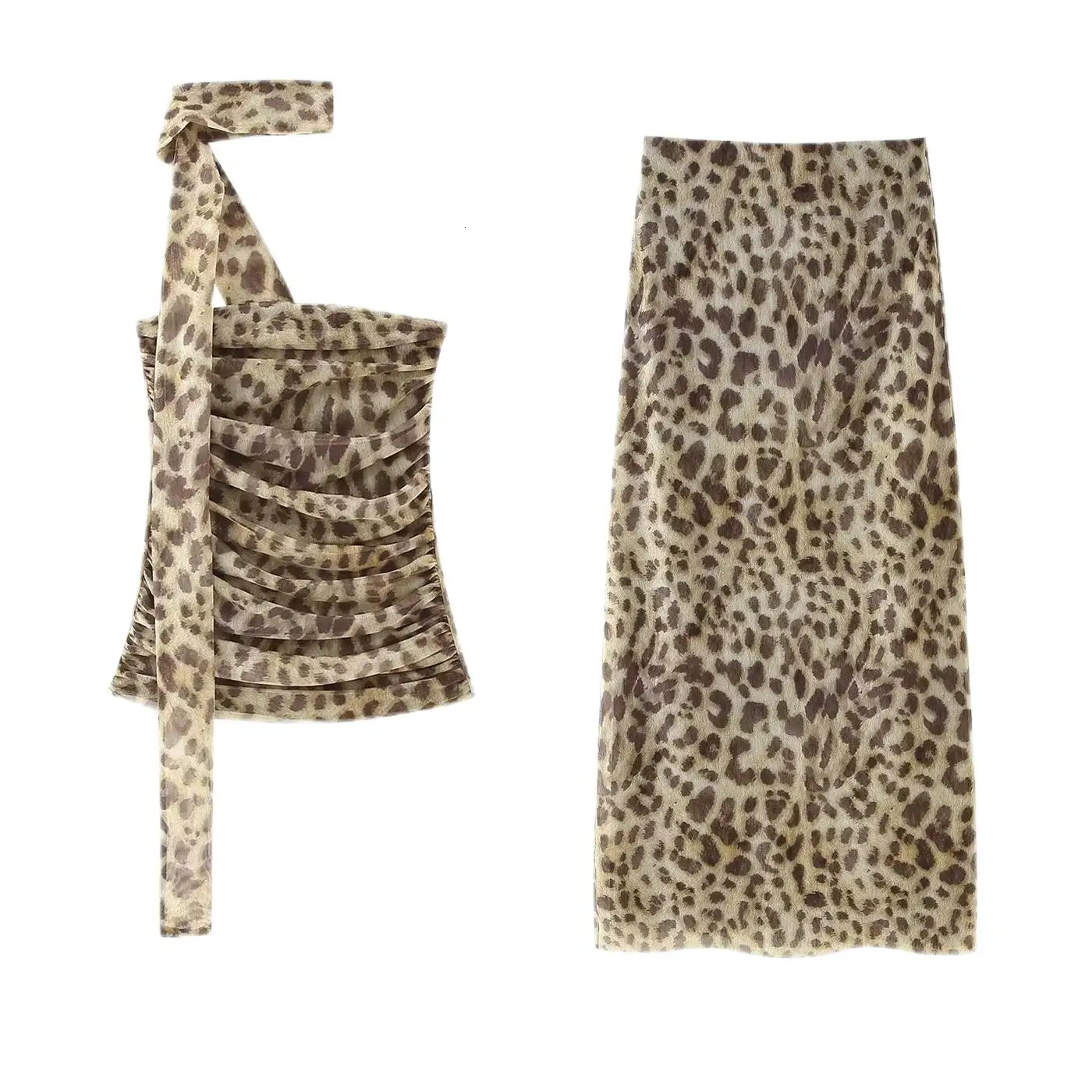 Tulle Printed Bandeau Top and Long Skirt Leopard Wear Women Summer Vacation Set Clothing 250605A