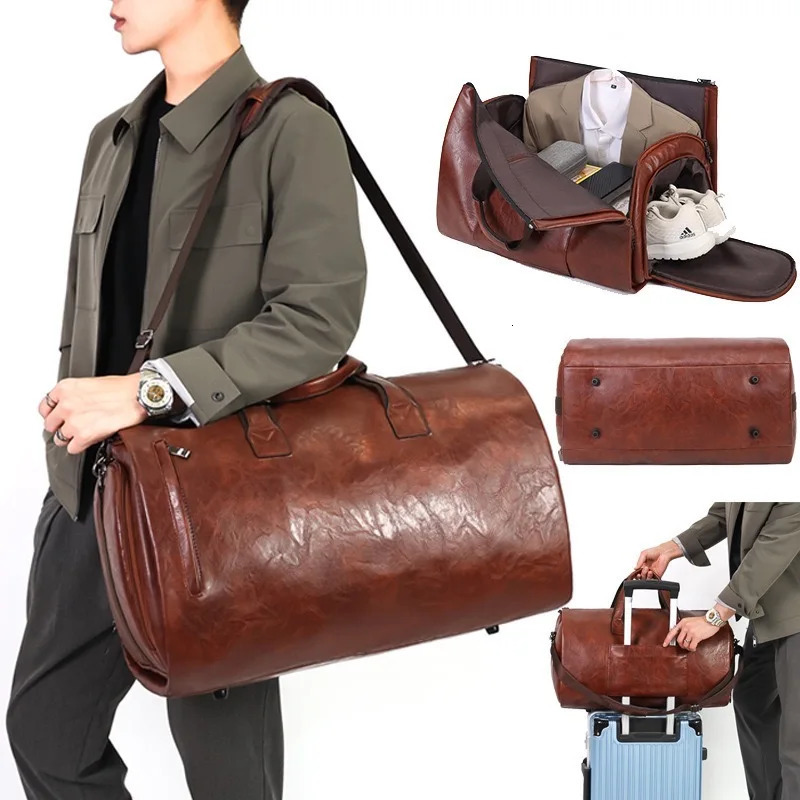 Vintage Suit Travel Bag with Large Capacity Waterproof PU Fabric Independent Shoe Case for Business Trip Suit Protection Bag 250530