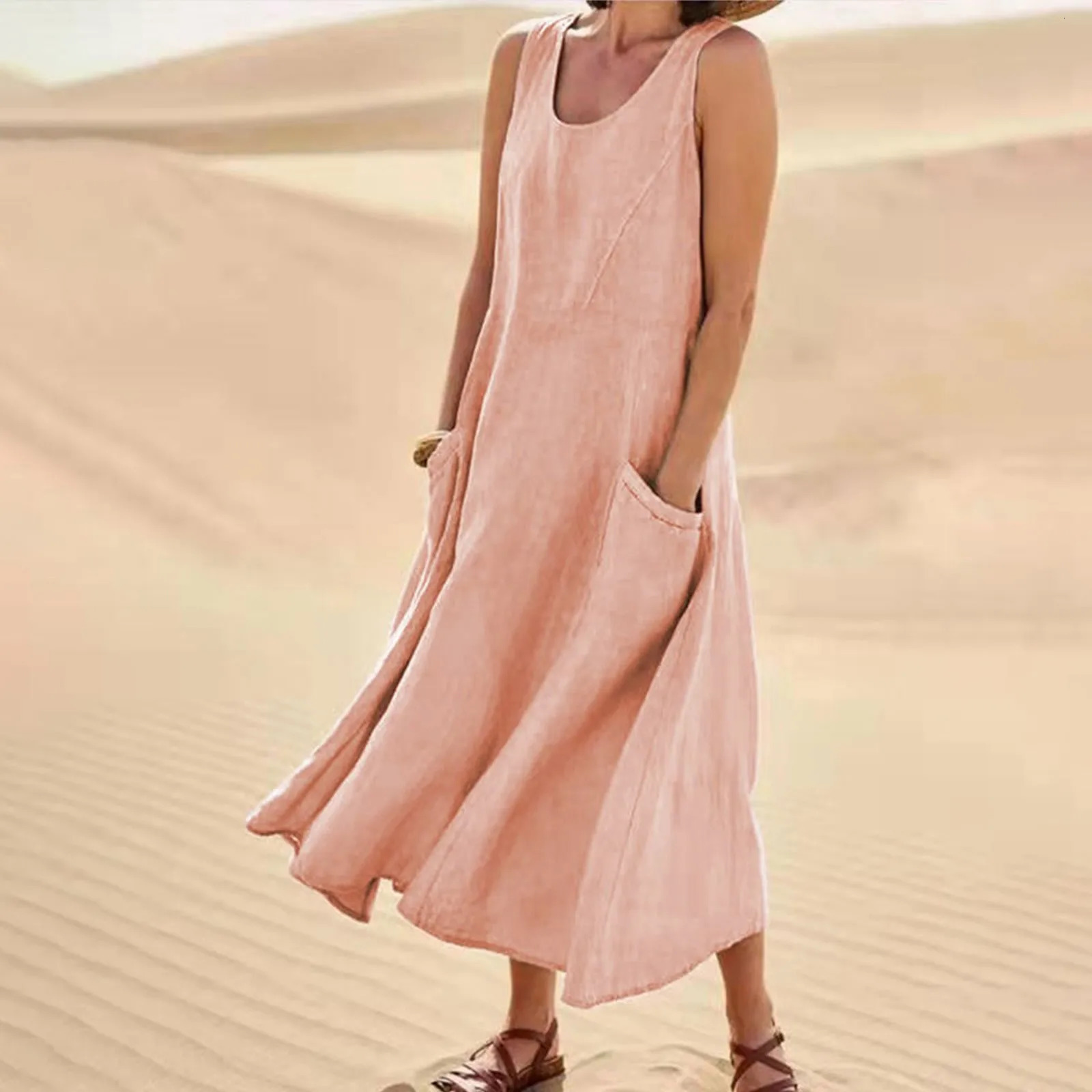 Cotton And Linen Sleeveless Long Dress Casual Solid Color Pocket WomenS Simple Elegant Dress 250604