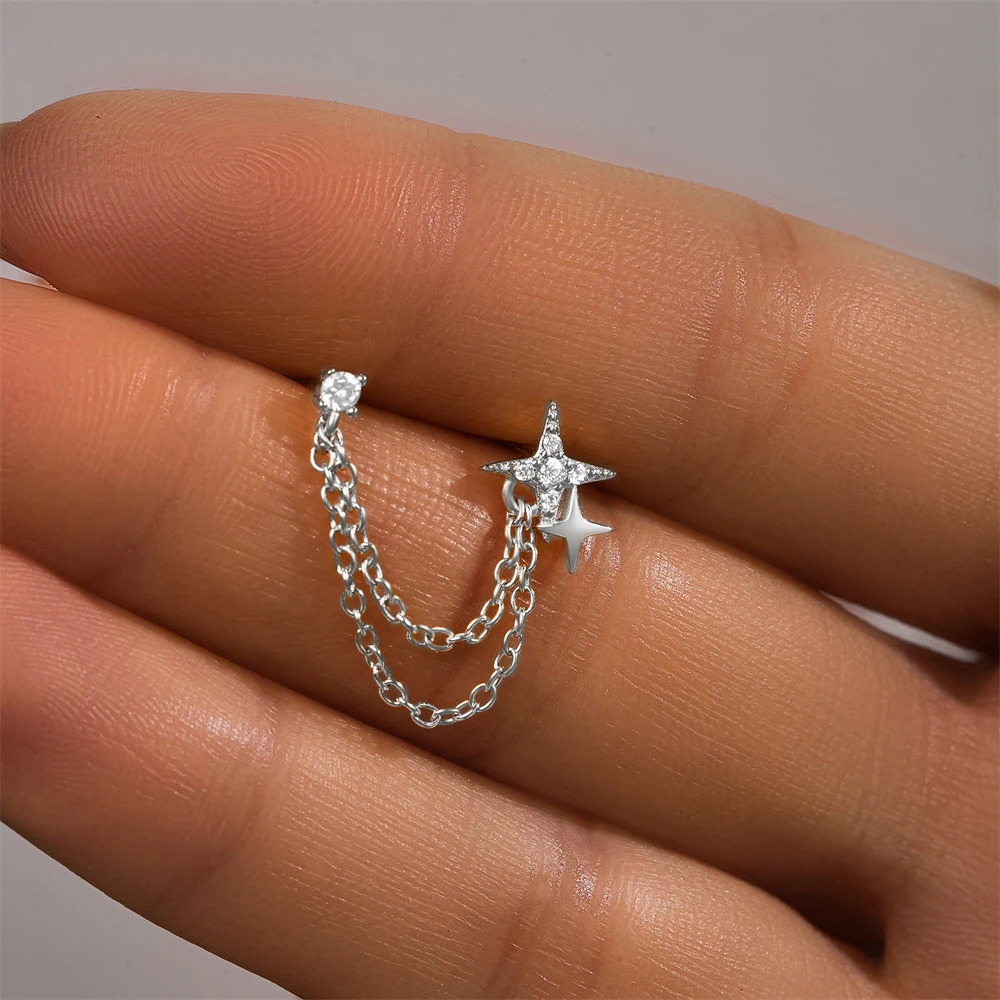 CANNER 1Pc Zirconia Tassel Stud Earrings Sterling Silver Double-Layered Chain Pendant Piercing Earrings Fine Jewelry 250604