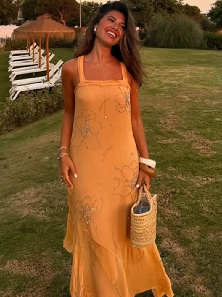 Sexy Beading Long Sling Dress Women 2025 Summer Irregular Square Collar Sleeveless Backless Beach Dresses Loose Holiday Robes 250604