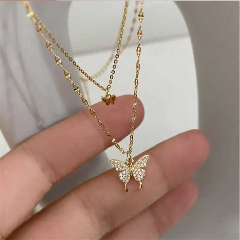 LATS New Shiny Butterfly Necklace Ladies Exquisite Double Layer Clavicle Chain Necklace Jewelry for Ladies Gift XJ250604