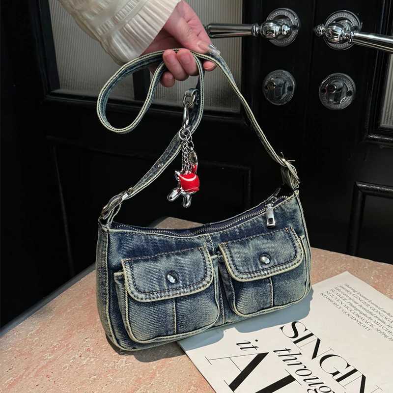 Double Pouch Design Underarm Shoulder Bag Women French Style Armpit Purse Designer Jeans Bag Vintage Denim Handbag Sling BagXJ250605