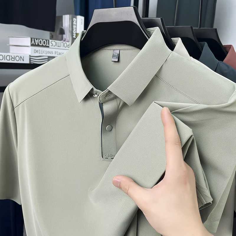 Luxury Summer Mens Non-mark Lapel Polo Shirt Business Casual Short Sleeve Cold Comfortable Solid Color Short Sleeve T-shirt TopXJ250605
