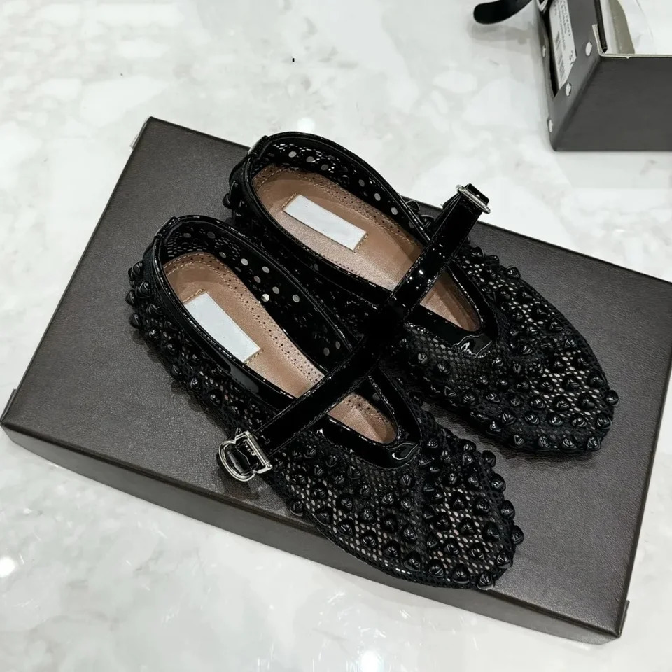 patent leather patchwork mesh heart-shaped flat bottom straight strap Mary Jane single shoe ballet shoes 250603