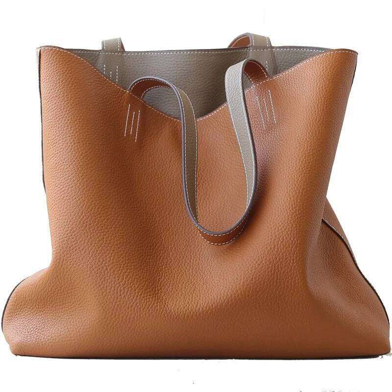 VOAETEC 2025 First-Layer Cowhide Tote Double-Sided Real Leather Shopping Women's Vintage Casual Versatile Portable Bag 2025/06/05