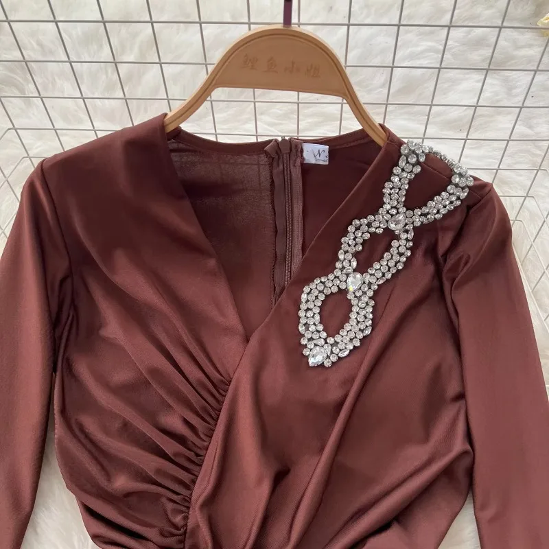 Elegant Sexy Party Dress High End Beaded V Neck Pleated Elastic Maxi Dresses Irregular Design Vestidos