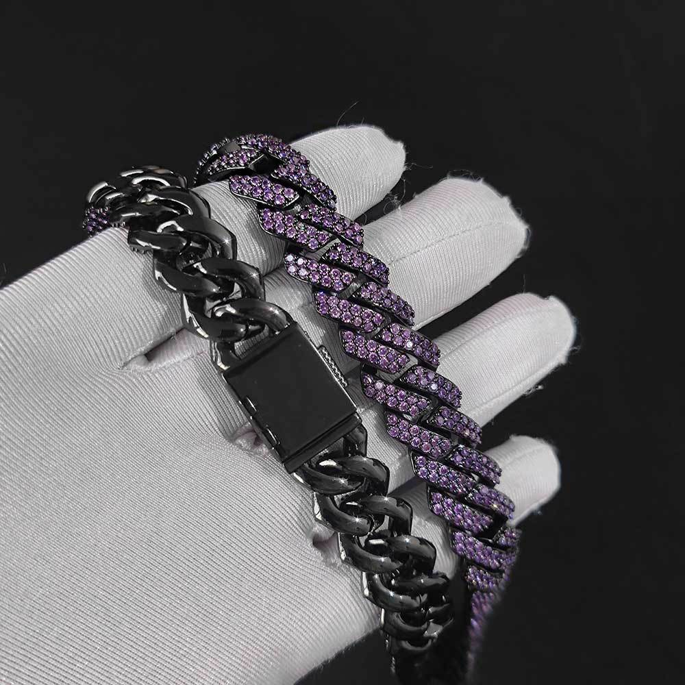 Hip Hop 15mm Double Row Moissanite Purple Diamond Cuban Bracelet Trendy Personality Mens Bracelet