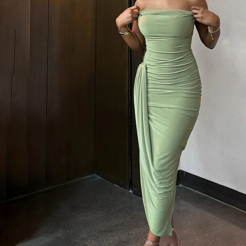 VEITCHE Summer Elegant Women Strapless Shirring Maxi Dress Sexy Wrap Chest Split Irregular Party Bodycon Dresses Holiday 250604