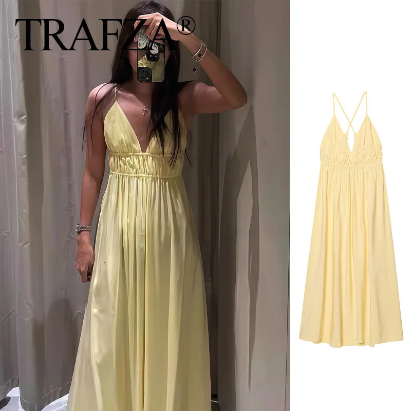 TRAFZA Woman Yellow Dress For Beach Party Midi Women Strapless Backless Drawstring Pleated Dresses Summer Vestidos 250604