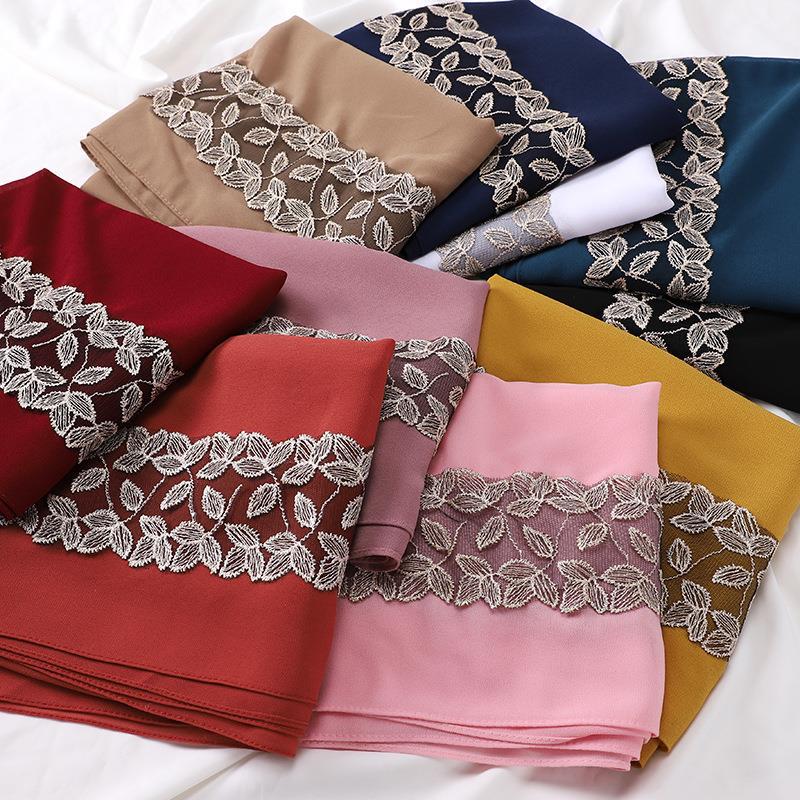 K927 Pearl chiffon scarf, leaf lace embellished head scarf, ladies' headscarf wholesale