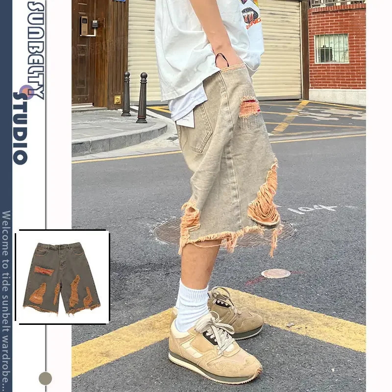 Casual Shorts Street Washed Distressed Raw Hem Ripped Denim Retro Men Clothing Summer Loose Straight Knee Length Solid Pants 250529