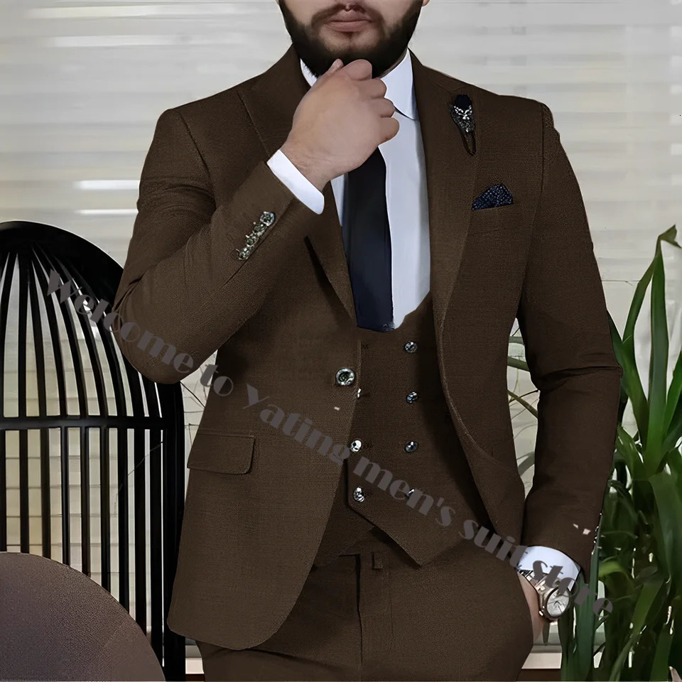 3 Piece Business Mens Suit Jacket Pants Vest Silver Button Formal Male Suit Multiple Colors Wedding Groom Tuxedo 250530