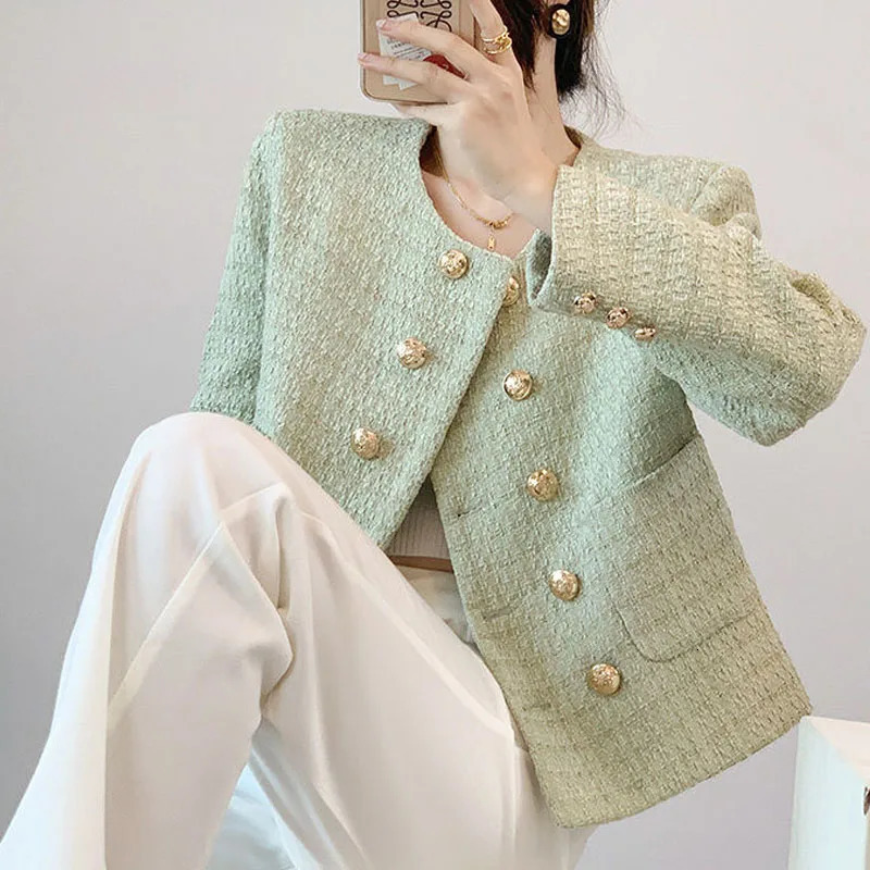 Spring and Autumn Fashion French Celebrity Double Breasted Small Fragrant Coat Versatile Western Short Womens Long Sleeved Top 250530