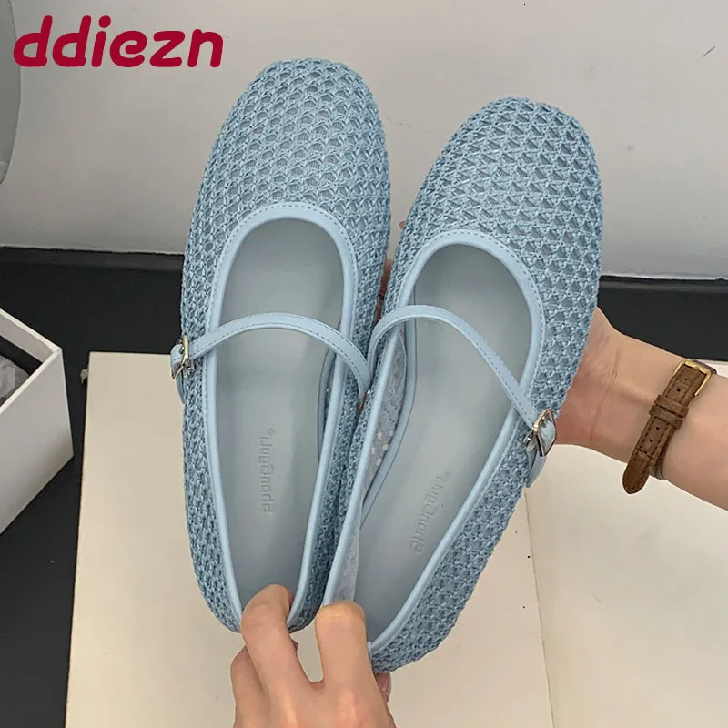 Female Buckle Strap Footwear Ladies Flats Mary Janes Shoes 2025 Fashion Mesh Shallow Women Ballet Flats Shoes 250603