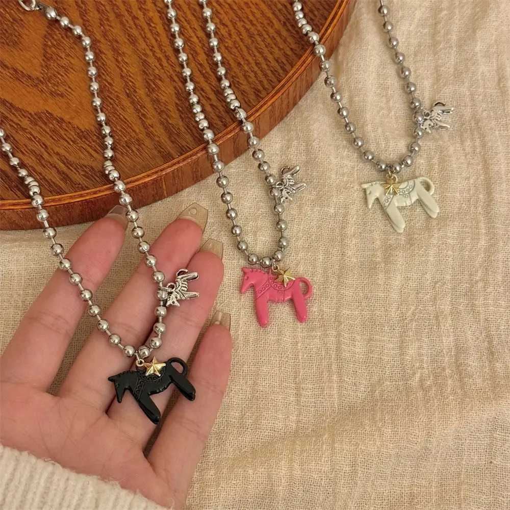 Funny Silver Plated Horse Pendant Necklace Alloy Black Choker Necklace White Hot Pink Enamel Pendant Necklace Beads Neck Chain XJ250604