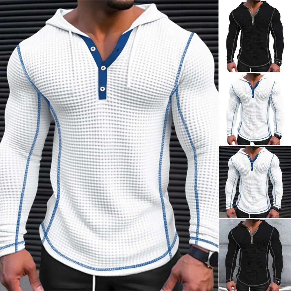 Breathable Waffle Fabric Sweatshirt Stylish Mens Waffle Cotton Hoodie Slim Fit Button Closing Breathable Long for Fashionable 250605