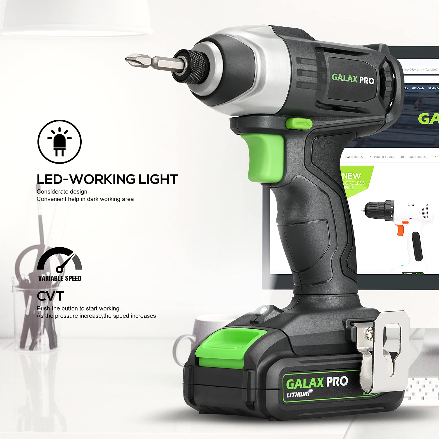 GALAX PRO Cordless Impact Driver 20V, Variable Speed (0-2800RPM),with LED Work Light, 6pcs Screwdriver Bits, 1.3Ah Battery and Charger