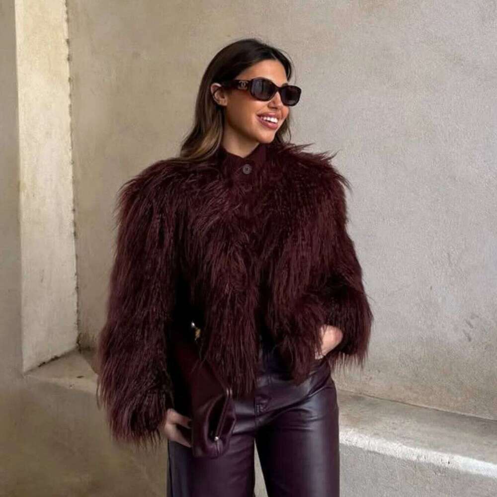 PB&ZA Women's 2024 Autumn/Winter New Collection Knitted Stand up Collar Artificial Fur Effect Maillard Short Jacket