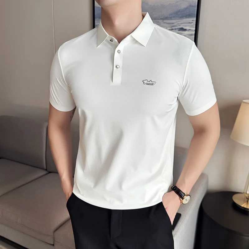 High Elasticity Mens Short Sleeve POLO Shirt 2024 Summer New Solid Casual Pure Cotton Slim Fit Embroidered T-shirt Mens Clothing XJ250605