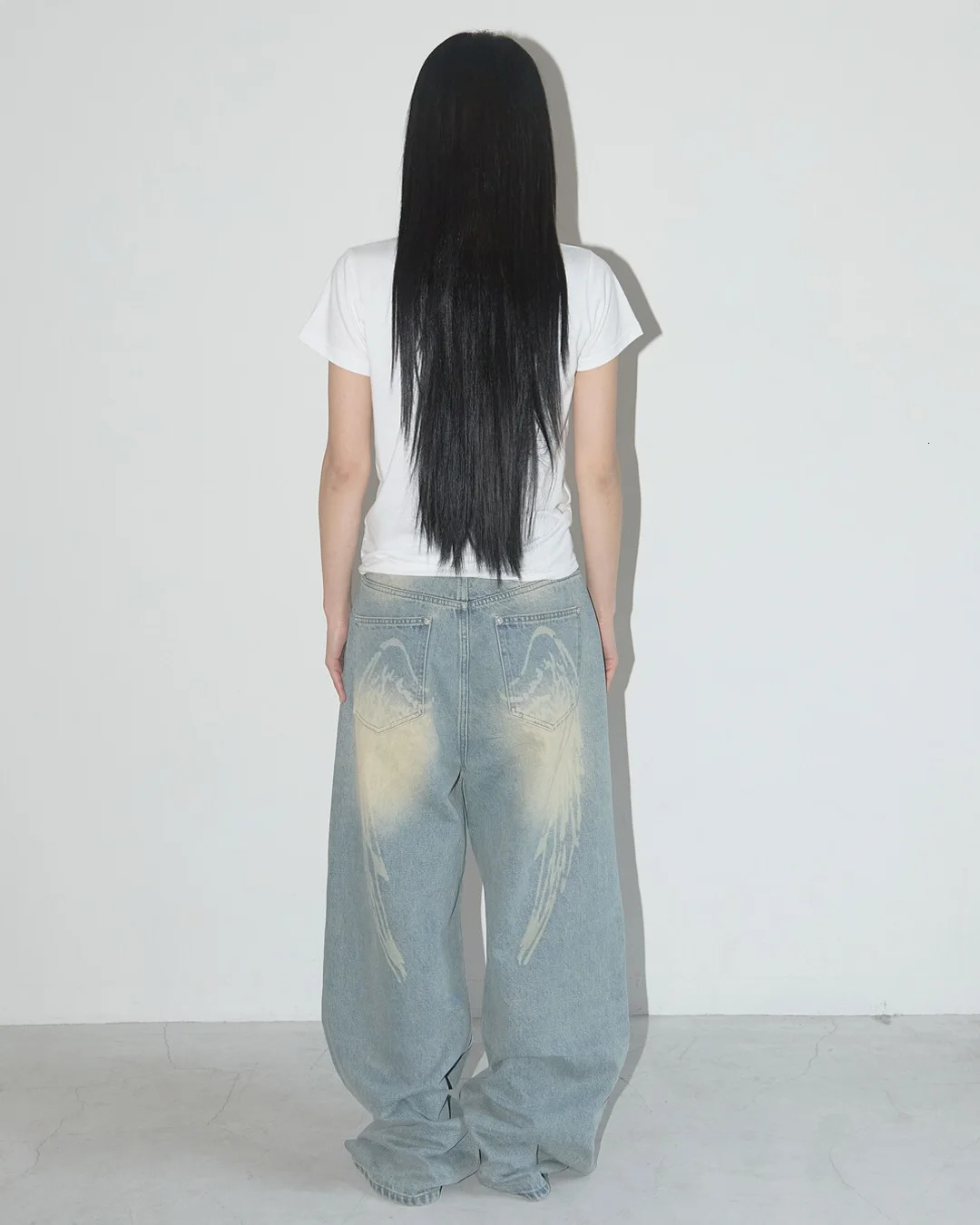 Y2K Fashion Loose Jeans Korean Simple Light Colored Straight Leg Harajuku Retro Angel Wing Print Solid Color Jeans 250604