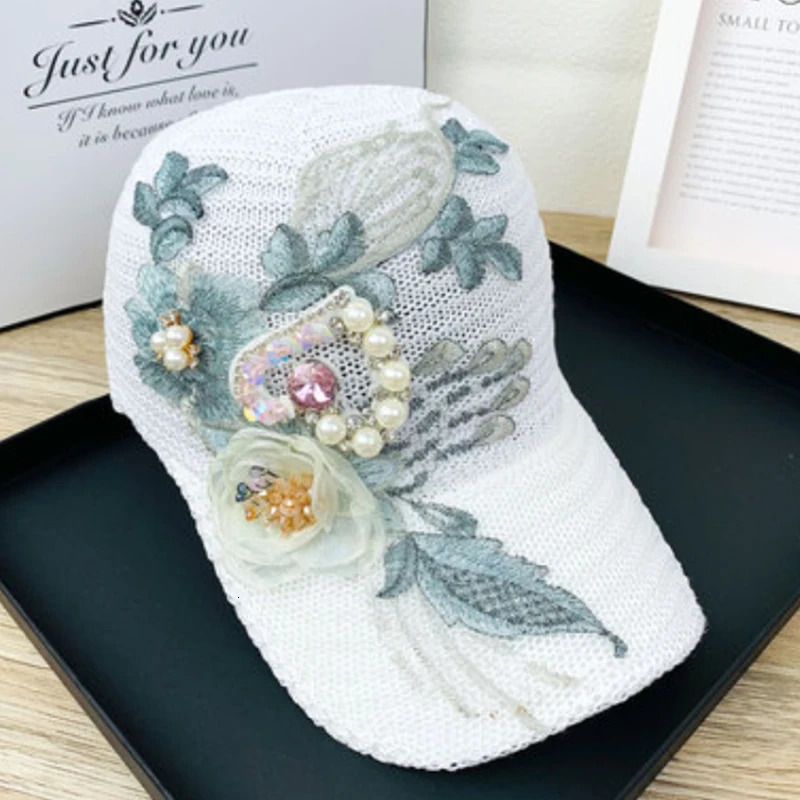 Womens Summer Rose Baseball Cap Fashion Rhinestone Pearl Cap Ladies Casual Breathable Visor Cap 250603