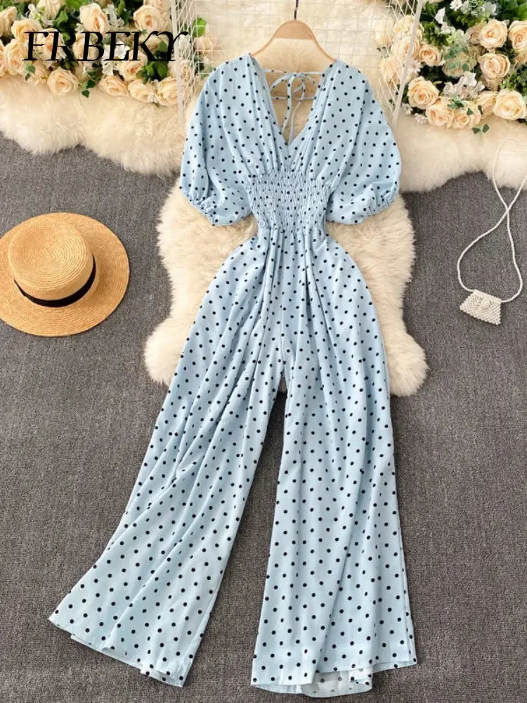 Womens Jumpsuit Summer Temperament Polka Dot Vneck High Waist Casual Wide Leg Elegant Party One Piece Jumpsuits 250604
