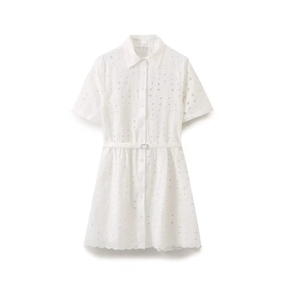 TRAF Women Summer Fashion Belt Ornaments Hollow ed Dress Chic Lapel Casual Mini Skirt Vestidos Mujer 250604