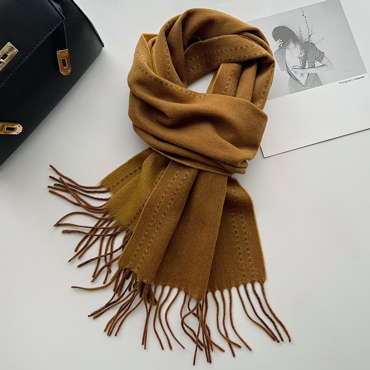 T886 wool scarf solid color stitching design double-sided cashmere shawl winter thickening fashion warm high-end neck scarf