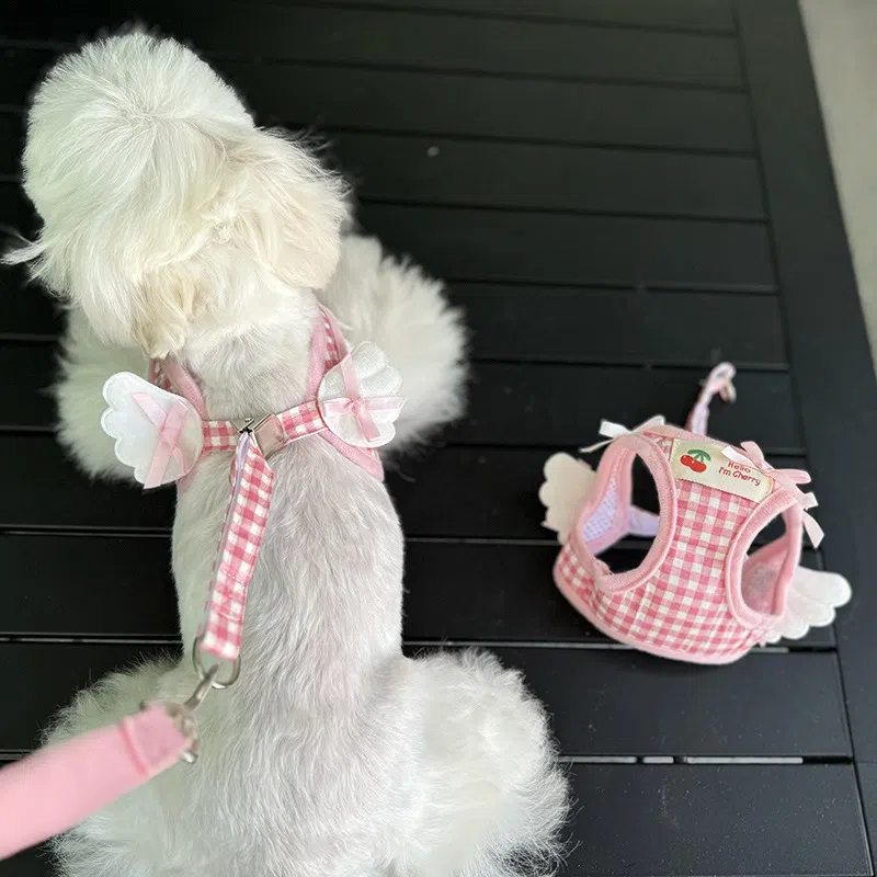 Cute Gingham Pet Harness Leash Set with Angel Wings for Small Dogs and Cats