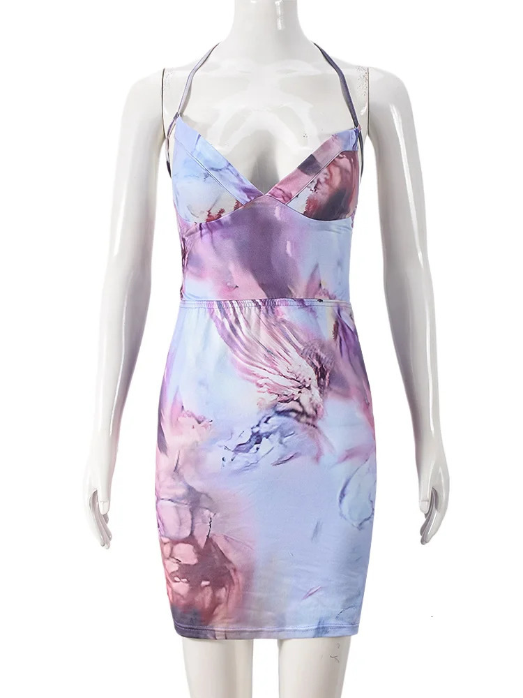 Nibber Sexy Colorful Print Dress Women Halter Low-Neck Hollow Lace-Up Sleevelee Hipster Skinny Stretch Clubwear Mini Bodycon 250604