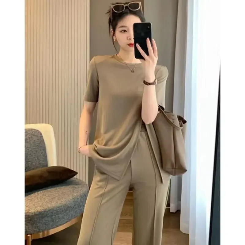 Ice Silk Wide Leg Pants Set Women Summer Korean Fashion Loose n Sense Slit Short Sleeve Top Trendy 250605Z